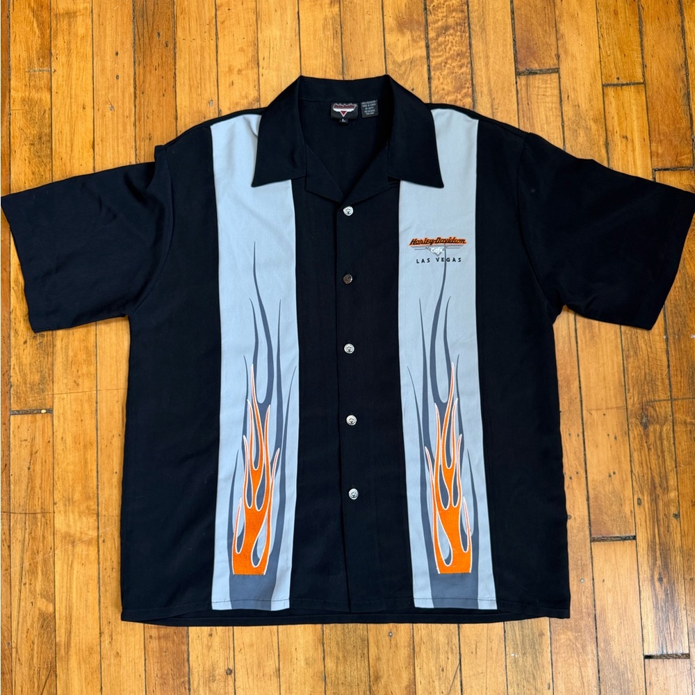 Harley Davidson Black and Gray Button-Up Shirt with Flame Design